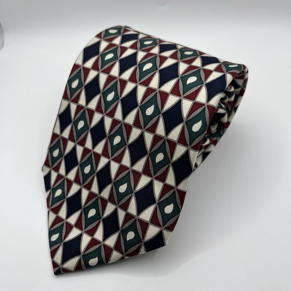 Brooks‎ Brother USA Silk Tie Geometric Pattern Burgundy Green Black